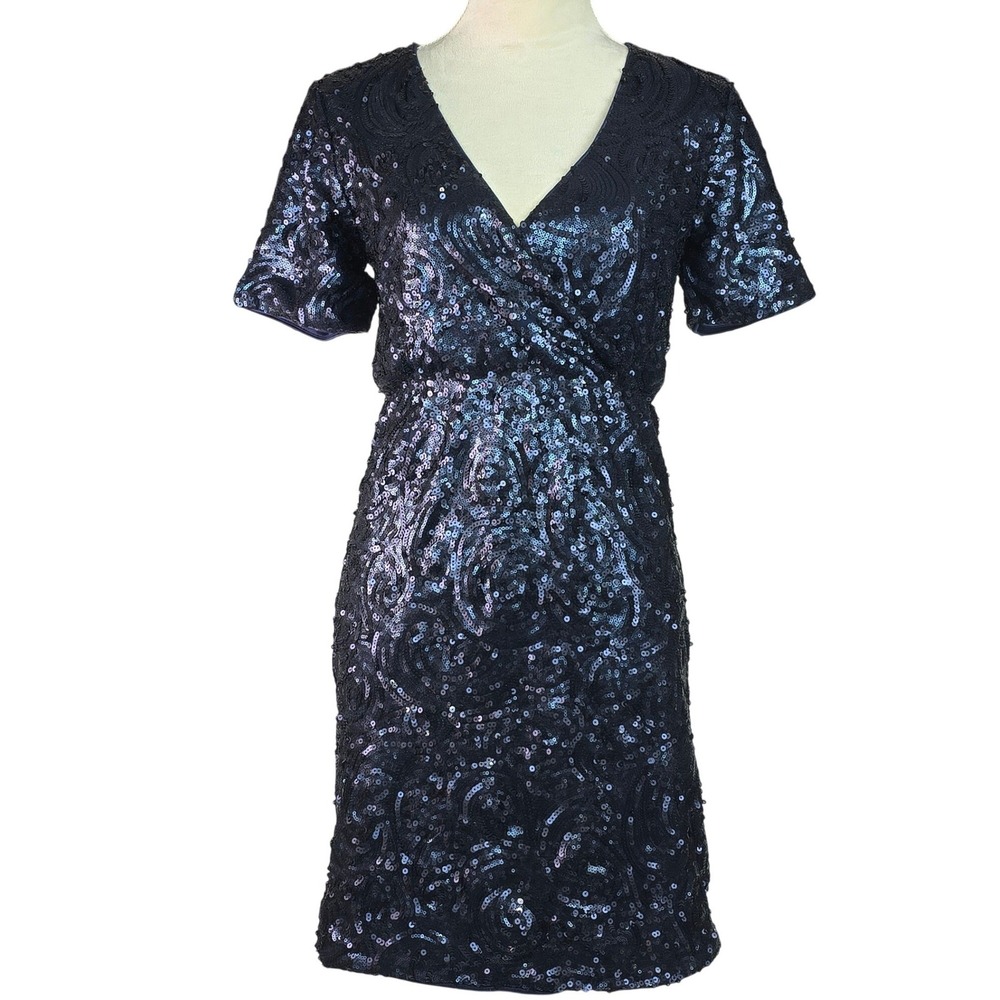 Navy Blue Sequin V-Neck Short Sleeve Cocktail Party Dress Swirl Pattern